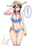  adjusting_hair armlet ass_visible_through_thighs bangs bikini blue_bikini breasts brown_eyes brown_hair brown_hat cleavage collarbone cowboy_shot flower front-tie_bikini front-tie_top girls_und_panzer hat hat_flower highres large_breasts long_hair looking_at_viewer mika_(girls_und_panzer) mismatched_bikini mordeth navel parted_lips shiny shiny_skin side-tie_bikini simple_background solo standing straw_hat striped striped_bikini striped_bikini_bottom sun_hat swimsuit translated vertical-striped_bikini_top white_background 