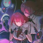  a-ka bare_shoulders black_gloves black_hair black_skirt breasts chain cleavage empty_eyes fingerless_gloves gloves heterochromia highres hololive hololive_indonesia houshou_marine kureiji_ollie long_hair mahou_shoujo_holowitch! multicolored_hair red_eyes red_hair see-through_cleavage see-through_clothes shirt short_hair skirt stitched_face stitches two-tone_hair virtual_youtuber white_shirt yellow_eyes zombie 