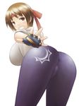  1girl artist_request ass bare_shoulders blush breasts brown_eyes brown_hair cameltoe fingerless_gloves from_behind gloves grin headband king_of_fighters large_breasts leaning leaning_forward ryuuko_no_ken shiny shiny_clothes shiny_hair short_hair sideboob smile snk solo spanked the_king_of_fighters yuri_sakazaki 