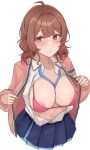  1girl ahoge areola_slip blue_overskirt blue_skirt blush bra breasts brown_hair cardigan cropped_legs gakuen_idolmaster hanami_ume hatsuboshi_gakuen_school_uniform highres idolmaster large_breasts long_sleeves looking_at_viewer namagaki_namero open_cardigan open_clothes open_shirt pink_bra pink_cardigan pleated_skirt ribbon_between_breasts school_uniform simple_background skirt solo underwear white_background 