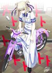  alternate_costume alternate_hairstyle aoki_hagane_no_arpeggio blonde_hair braid epaulettes full_body ground_vehicle hair_rings highres kaname_aomame kongou_(aoki_hagane_no_arpeggio) long_hair long_skirt looking_at_viewer motor_vehicle motorcycle red_eyes sidelocks signature sitting skirt solo twin_braids twintails uniform 