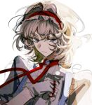  1girl alice_margatroid blonde_hair blue_dress blue_eyes capelet closed_mouth dress expressionless gloves hair_between_eyes hairband lolita_hairband looking_at_viewer medium_hair sketch solo touhou upper_body wavy_hair white_background white_capelet white_gloves xian_qishui 