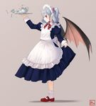  alternate_costume alternate_hairstyle apron bow braid commentary_request creamer_(vessel) cup dress enmaided full_body grey_hair hair_bow kitano_(kitanosnowwhite) lifted_by_self maid maid_headdress mary_janes one_side_up pointy_ears red_bow red_eyes remilia_scarlet shoes side_braid simple_background skirt_hold solo spilling spoon standing sugar_cube tea teacup teapot touhou tray 