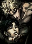  2boys birthmark black_hair blonde_hair blood blood_on_face closed_mouth collarbone dio_brando ear_birthmark eyelashes highres joestar_birthmark jojo_no_kimyou_na_bouken jonathan_joestar lips male_focus multiple_boys nose parted_lips phantom_blood santamanymany scar scar_on_neck severed_head 