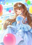  1boy backless_dress backless_outfit balloon bare_shoulders blue_collar blue_dress blue_gloves blue_sky blush brown_eyes brown_hair building clock collar commentary_request cover cover_page crossdressing day dress elbow_gloves from_side gloves highres long_hair looking_at_viewer looking_to_the_side manga_cover niichi_(komorebi-palette) off_shoulder outdoors real_mo_tama_ni_wa_uso_wo_tsuku skirt_hold sky solo terazaki_kaoru very_long_hair wall_clock window 