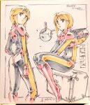  1girl ass black_bodysuit bodysuit boots breasts character_name commentary_request copyright_name covered_navel crate dated gloves grey_eyes gundam gundam_zz haro helmet knee_boots marker_(medium) mecha_pilot_suit moriguchi_nao_(naonao) multiple_views neo_zeon non-humanoid_robot normal_suit_(gundam) orange_hair parted_lips pilot_helmet puru_two red_boots red_gloves robot shikishi short_hair sitting skin_tight small_breasts space_helmet spacesuit traditional_media 