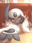  2017 absol ambiguous_gender eye_contact eyewear feline fur glasses hand_holding looking_at_viewer mammal nintendo paws pok&eacute;mon red_eyes video_games white_fur zinfyu 