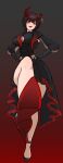  1girl absurdres asymmetrical_horns black_hair bluejump breasts broken_horn broken_horns chain collared_shrug cross cross_earrings demon_horns earrings evil_grin evil_smile gloves gradient_background grin hands_on_own_hips high_heels highres horns jegal_geumja jewelry long_hair long_sleeves mole mole_on_breast multicolored_hair red_eyes red_horns shrug_(clothing) slit_pupils smile stepping tatsuto_(vhrd8737) 