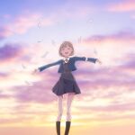  1girl blue_jacket brown_hair closed_eyes cloud commentary_request dress feathers gradient_sky grey_dress grey_socks highres jacket love_live! love_live!_superstar!! multicolored_hair neck_ribbon open_mouth orange_sky outstretched_arms purple_hair purple_sky red_ribbon ribbon school_uniform shirt sky smile socks solo streaked_hair tang_keke teyukosu twilight white_feathers white_shirt winter_uniform yuigaoka_school_uniform 