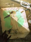  absurdres border bullet commentary dudrinm earrings elf english_commentary frieren from_behind green_eyes gun hat highres holding holding_gun holding_weapon jewelry long_hair pointy_ears revolver sousou_no_frieren wanted_poster weapon white_hair 