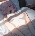  ahegao bare_arms bed blurry blush breasts breath commentary covered_nipples day fate/grand_order fate_(series) hair_over_one_eye heart heart-shaped_pupils heavy_breathing implied_sex indoors looking_at_viewer lying mash_kyrielight medium_breasts navel nightstand nose_blush on_back open_mouth pillow pink_hair purple_eyes saliva shiny shiny_hair short_hair solo sunlight sweat symbol-shaped_pupils taut_clothes tight_(ohmygod) tongue tongue_out upper_body vest white_vest window_shade 
