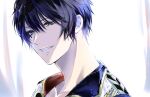  1boy adam&#039;s_apple blue_eyes blue_hair close-up collarbone deuce_spade eyelashes facial_mark grin hair_behind_ear hair_between_eyes jacket lapels male_focus mofu_twst short_hair smile solo spade_(shape) teeth twisted_wonderland upper_body 