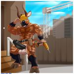 2017 4_fingers aaron_(artist) abs antelope anthro armor balls belly belt biceps big_penis biped black_fur black_markings black_nose black_penis blue_sky bongo_(antelope) border brown_fur brown_horn brown_tail city cloud cloven_hooves construction construction_site day detailed_background digital_media_(artwork) drill ear_markings erection facial_markings fence foreskin front_view full-length_portrait fur gloves_(marking) green_eyes grey_hooves grey_nipples hard_hat helmet hi_res holding_object hooves horn huge_penis humanoid_penis looking_at_viewer male mammal markings multicolored_fur multicolored_tail muscular muscular_male nico_voeller nipples nude open_mouth outside partially_retracted_foreskin pecs penis pepsi_(fa) pink_tongue portrait pose quads signature sky solo spread_legs spreading stairs standing step_pose striped_fur stripes sunlight tan_fur teeth thick_penis tongue uncut vein veiny_penis white_balls white_border white_fur white_stripes white_tail work 