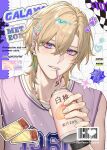  1boy absurdres aventurine_(honkai:_star_rail) blonde_hair blue_eyes can drink_can drinking_straw earrings hair_between_eyes heart highres holding holding_can honkai:_star_rail honkai_(series) jewelry lion_2929 looking_at_viewer male_focus multicolored_eyes purple_eyes shirt short_hair solo 