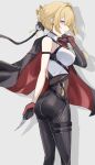  1girl absurdres arm_strap ass black_gloves black_pants breasts chest_harness collared_shirt cowboy_shot elbow_gloves evelyn_chevalier from_side gloves half_gloves harness high-waist_pants highres holding holding_knife jacket jacket_on_shoulders knife large_breasts latex_pants looking_at_viewer mole mole_under_eye necktie pants parted_lips ponzu_pon9 purple_eyes ring_hair_ornament shirt single_elbow_glove single_half_glove tight_clothes tight_pants white_shirt yellow_necktie zenless_zone_zero 