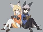  animal_ears black_gloves black_legwear blonde_hair blush book bow bowtie brown_eyes brown_gloves commentary_request ezo_red_fox_(kemono_friends) fox_ears fox_tail fur_trim game_console gloves hair_between_eyes handheld_game_console highres jacket kemono_friends loafers long_hair multicolored_hair multiple_girls nintendo_switch pantyhose playing_games pleated_skirt reading sasanoha_(sasanoha0712) shoes silver_fox_(kemono_friends) silver_hair skirt smile tail 