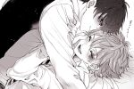  2boys ace_trappola arm_support blush closed_eyes closed_mouth collared_shirt commentary_request deuce_spade double-parted_bangs facial_mark fingernails greyscale hair_between_eyes hand_on_another&#039;s_arm heart highres laughing long_sleeves looking_at_another lying male_focus mofu_twst monochrome multiple_boys on_back open_collar open_mouth profile shirt short_hair smile spade_(shape) teeth tongue twisted_wonderland upper_body white_background wing_collar yaoi 