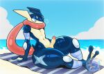 alex_(mclarensenna18) anthro beach_towel blue_eyes emmet_twunks erection femboy generation_6_pokemon genitals greninja hi_res jewelry male necklace nintendo nude penis pokemon pokemon_(species) sand sea seaside sigh sky solo thick_thighs towel water wet wet_body wide_hips
