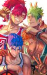  4boys achilles_(fate) ao_(en6gtl) ashwatthama_(fate) ball basketball basketball_(object) basketball_jersey basketball_uniform blue_hair cu_chulainn_(fate) cu_chulainn_(fate/stay_night) dark-skinned_male dark_skin earrings fate/grand_order fate_(series) green_hair hair_over_one_eye highres jewelry long_hair male_focus mori_nagayoshi_(fate) multiple_boys necklace ponytail red_eyes red_hair sharp_teeth short_hair smile sportswear teeth v yellow_eyes 