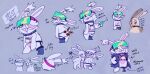 2023 annoyed anthro bangs bisexual_pride_colors black_collar blue_clothing blue_coat blue_collar blue_topwear bodily_fluids buckteeth character_name chest_scar clenched_teeth closed_smile clothing coat collar collar_(critterzone13) critterzone13 dart dick_rider digital_drawing_(artwork) digital_media_(artwork) directional_arrow doctor drooling english_description eye_contact eye_scar eyewear eyewear_on_head facial_scar fake_leg fan_character featureless_legs female fur gender_symbol green_eyes grey_background grey_body grey_fur group hair hair_over_eye heart_symbol hi_res highlights_(coloring) holding_syringe jewelry lagomorph lgbt_pride long_ears looking_at_another looking_at_own_butt looking_back male mammal missing_leg mouth_closed multicolored_body multicolored_fur multiple_images narrowed_eyes necklace nonbinary_(lore) nonbinary_pride_colors noseless notched_ear pink_body pink_eyelids pink_highlights pink_inner_ear pink_skin pride_colors pronouns rabbid raving_rabbids rayman_(series) saliva scar shirtless_anthro short_hair simple_background smile squint standing story story_in_description sunglasses sunglasses_on_head surgical_suture symbol tan_eyelids teeth text thin_eyebrows topwear trist_(critterzone13) two_tone_body two_tone_fur ubisoft white_body white_fur white_hair yellow_sclera