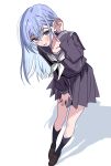  1girl absurdres black_socks blue_hair blush brown_shoes collarbone commentary_request fingernails full_body grey_serafuku highres idolmaster idolmaster_shiny_colors jie-se_(kuai_mian_biao) kneehighs leaning_forward loafers long_hair long_sleeves looking_at_viewer neckerchief no_dickey pleated_skirt revision school_uniform serafuku shadow shoes simple_background skirt smile socks solo straight_hair suzuki_hana tucking_hair white_background white_neckerchief 