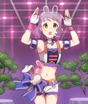  animal_ears arms_up blue_bow blue_ribbon blush bow bunny_ears bunny_tail collarbone cowboy_shot eyebrows_visible_through_hair fake_animal_ears fake_tail fingerless_gloves gloves headset idolmaster idolmaster_million_live! kamille_(vcx68) looking_at_viewer makabe_mizuki navel parted_lips purple_hair ribbon short_hair solo tail white_gloves yellow_eyes 