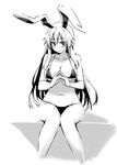  animal_ears bangs bikini blush breasts bunny_ears cleavage collarbone cropped_legs fingers_together greyscale knees_together_feet_apart large_breasts lefthand long_hair looking_at_viewer monochrome navel reisen_udongein_inaba simple_background sitting solo sweatdrop swimsuit touhou white_background 