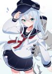  1girl anchor_symbol aqua_background black_hat black_sailor_collar black_skirt blue_eyes blue_hair commentary_request fathom gradient_background hat hibiki_(kancolle) highres kantai_collection long_hair long_sleeves looking_at_viewer neckerchief pleated_skirt red_neckerchief sailor_collar school_uniform serafuku shirt skirt solo thighs white_background white_shirt 
