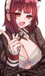  1girl :d atelier_(series) atelier_sophie breasts brown_shirt cleavage highres index_finger_raised long_sleeves looking_at_viewer medium_breasts open_mouth red_eyes red_hair ryuuno6 shirt short_hair simple_background smile solo sophie_neuenmuller striped_clothes striped_shirt upper_body vertical-striped_clothes vertical-striped_shirt white_background 