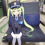  ai-generated blue_archive blue_necktie ekoren gloves green_hair green_halo hair_between_eyes halo highres long_hair necktie nozomi_(blue_archive) pantyhose photo_background pointy_ears shoulder_strap striped_necktie twintails two-tone_necktie white_gloves white_necktie white_pantyhose yellow_eyes 