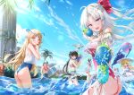  2boys 6+girls abby_(wuthering_waves) ahoge akasaka_asa alternate_costume aqua_eyes ass bare_shoulders black_hair blonde_hair blue_eyes blue_hair blue_one-piece_swimsuit blue_sky blush bow brant_(wuthering_waves) breasts carlotta_(wuthering_waves) cartethyia_(wuthering_waves) commentary_request cristoforo_(wuthering_waves) crown_of_thorns day dual_wielding earrings female_rover_(wuthering_waves) frilled_one-piece_swimsuit frills hair_bow hat hawaiian_shirt highres holding holding_surfboard holding_water_gun innertube jewelry long_hair looking_at_viewer medium_breasts multiple_boys multiple_girls navel off-shoulder_one-piece_swimsuit off_shoulder official_alternate_costume one-piece_swimsuit open_mouth outdoors parted_bangs pero_(wuthering_waves) phoebe_(wuthering_waves) pink_bow pink_one-piece_swimsuit pointy_ears roccia_(wuthering_waves) rover_(wuthering_waves) shirt sky smile stomach striped_bow sunglasses surfboard swim_ring swimsuit tacet_mark_(wuthering_waves) thighs water_gun white_hair white_hat white_shirt wuthering_waves zani_(wuthering_waves) 