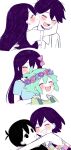  2girls 4boys :d :t ^_^ absurdres antenna_hair aubrey_(headspace)_(omori) aubrey_(omori) bare_shoulders basil_(headspace)_(omori) basil_(omori) behind_another black_eyes black_hair black_tank_top blue_flower blue_shirt blush bow brother_and_sister brothers buttons checkered_clothes cheek-to-cheek child closed_eyes closed_mouth collared_shirt colored_skin commentary cropped_torso dot_nose double-parted_bangs english_commentary flower flower_wreath green_hair green_shirt grin hair_behind_ear hair_between_eyes hair_bow hand_on_another&#039;s_back happy head_wreath heads_together hero_(headspace)_(omori) hero_(omori) hetero highres hug_from_side jian_jing kel_(headspace)_(omori) kel_(omori) long_hair mari_(headspace)_(omori) mari_(omori) multiple_boys multiple_girls omori omori_(omori) open_mouth pink_bow pink_flower pink_rose profile purple_flower purple_hair purple_sweater_vest rose round_teeth shirt short_hair short_sleeves siblings sidelocks simple_background smile straight_hair sweater_vest tank_top teeth tongue upper_teeth_only v-shaped_eyebrows very_short_hair white_background white_shirt white_skin 