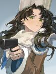  1girl :< absurdres aiming aiming_at_viewer black_hair brown_jacket finger_on_trigger fur_hat green_eyes grey_background gun handgun hat highres holding holding_gun holding_weapon jacket long_hair looking_at_viewer moldir_(reverse:1999) papakha reverse:1999 scarf solo upper_body weapon white_hat white_scarf wu_fuzuoyong 