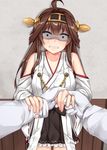  1girl absurdres admiral_(kantai_collection) ahoge arm_grab bangs black_skirt brown_eyes brown_hair clenched_teeth collarbone commentary cowboy_shot detached_sleeves gloves hairband headgear hetero highres holding_hands jaku_denpa jewelry kantai_collection kongou_(kantai_collection) long_hair looking_at_viewer miniskirt nontraditional_miko pleated_skirt ribbon-trimmed_skirt ribbon_trim ring scared skirt solo_focus tears teeth wedding_band white_gloves 