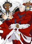  age_difference aged_down animification bodysuit cheek_pull crossed_arms dark-skinned_female dark_skin hands_on_another&#039;s_cheeks hands_on_another&#039;s_face highres kyou_(iuciferic) magneto marvel old old_man red_bodysuit storm_(x-men) superhero_costume white_bodysuit white_eyes white_hair x-men 