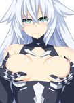  black_heart blue_eyes breasts grin highres long_hair looking_at_viewer medium_breasts neptune_(series) nipples power_symbol shikniful smile solo symbol-shaped_pupils white_hair 
