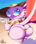 5:6 absurd_res ambiguous_gender amphibian anthro axolotl axolotl_tail beach big_butt big_eyes bikini bip_(jotarofur) blue_eyes bottom_heavy butt clothing gesture gold_bikini golden_week hand_gesture hat headgear headwear hi_res huge_butt jotarofur looking_at_viewer looking_back marine mole_salamander pink_body salamander short_stack solo sun_hat swimwear tail teapot_(body_type) thumbs_up two-piece_swimsuit