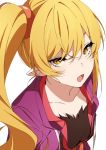  1girl bangs black_undershirt blonde_hair collarbone commentary_request fang from_above hair_between_eyes long_hair looking_at_viewer monogatari_(series) ntend open_clothes open_mouth open_shirt oshino_shinobu pointy_ears purple_shirt shirt side_ponytail yellow_eyes 