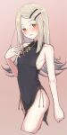  1girl bare_shoulders black_dress blonde_hair blush breasts chawan_(yultutari) china_dress chinese_clothes covered_navel dress gakuen_idolmaster gold_trim hair_ornament hairclip highres idolmaster long_hair looking_at_viewer open_mouth orange_eyes parted_bangs pelvic_curtain shinosawa_hiro short_dress side_slit small_breasts solo thighs 