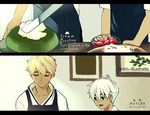  age_difference apron artist_name baking blonde_hair cake closed_eyes english food fruit icing male_focus multiple_boys nadia_kim original short_hair smile strawberry white_hair 