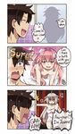  2boys anger_vein astolfo_(fate) black_hair blue_eyes breasts cleavage comic commentary_request english fate/apocrypha fate/grand_order fate_(series) fujimaru_ritsuka_(male) highres implied_yaoi jeanne_d'arc_(alter)_(fate) jeanne_d'arc_(fate)_(all) long_hair maroonabyss medium_breasts multiple_boys naked_towel pink_hair purple_eyes towel very_long_hair yellow_eyes 