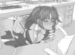  1boy 1girl bar_censor blue_archive blush censored computer_keyboard cum cum_on_body desk facial fellatio female_masturbation fingering greyscale hetero jacket long_hair masturbation mo_(kireinamo) monochrome necktie oral penis sensei_(blue_archive) shoes solo_focus sweat testicles thighs two_side_up under_table veins veiny_penis yuuka_(blue_archive) 