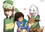  &lt;3 asriel_dreemurr bente36 blush boss_monster caprine chara_(undertale) chikorita child cyndaquil eevee fangs goat group human kissing leaf long_ears mammal nintendo pok&eacute;mon protagonist_(undertale) simple_background stripes undertale video_games white_background young 