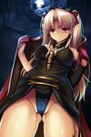  bangs bare_shoulders black_dress blonde_hair bow breasts cape closed_mouth cloud cloudy_sky detached_collar dress earrings ereshkigal_(fate/grand_order) eyebrows_visible_through_hair fate/grand_order fate_(series) from_below full_moon gradient_eyes hair_over_breasts holding_cape jewelry kanogi long_hair long_sleeves looking_at_viewer medium_breasts moon multicolored multicolored_eyes night night_sky orange_eyes parted_bangs red_bow red_cape red_eyes shiny shiny_skin sky smile solo spine standing tiara twintails underwear upper_body 