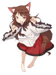  :d animal_ear_fluff animal_ears barefoot blush brooch brown_hair dress fang full_body highres imaizumi_kagerou jewelry leaning_forward long_hair long_sleeves looking_at_viewer open_mouth paw_pose red_eyes shone simple_background smile solo tail touhou white_background wide_sleeves wolf_ears wolf_tail 