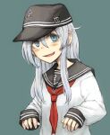  1girl black_hat black_sailor_collar blue_eyes flat_cap grey_background grey_hair hat hibiki_(kancolle) highres kantai_collection long_hair neckerchief red_neckerchief sailor_collar sailor_shirt school_uniform serafuku shirt sleeves_past_wrists smile solo suzuya_kirie white_shirt 