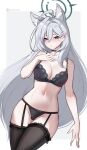  1girl ahoge animal_ear_fluff animal_ears black_bra black_choker black_garter_straps black_panties black_thighhighs blue_archive blue_eyes blush bra breasts choker cleavage collarbone cross_hair_ornament garter_straps green_halo grey_hair hair_ornament halo highres hioyami long_hair looking_at_viewer medium_breasts navel panties patreon_username shiroko_(blue_archive) shiroko_terror_(blue_archive) simple_background solo thighhighs underwear white_background 