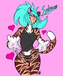  &lt;3 anthro blue_eyes blue_hair breasts clothing english_text feline female fur grin hair handcuffs mammal mittensmcgee panties pawpads pink_background pink_nose selena_(mittensmcgee) shackles simple_background smile solo striped_fur stripes text tiger underwear wide_hips 