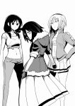  3girls casual from_behind fur-trimmed_jacket fur_trim greyscale hand_in_pocket jacket katakoriku kuroki_tomoko long_skirt looking_back medium_hair midriff monochrome multiple_girls navel open_clothes open_jacket pants profile school_uniform shirt short_hair short_sleeves skirt tamura_yuri tied_shirt watashi_ga_motenai_no_wa_dou_kangaetemo_omaera_ga_warui! yoshida_masaki 