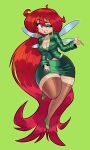  1girl absurdly_long_hair absurdres alternate_costume betilla_(rayman) blue_eyes body_freckles breasts cleavage earrings eyeshadow fairy fairy_wings freckles green_background highres hoop_earrings jamoart jewelry large_breasts long_hair makeup pencil_skirt rayman_(series) rayman_origins red_eyes skirt solo very_long_hair wide_hips wings 